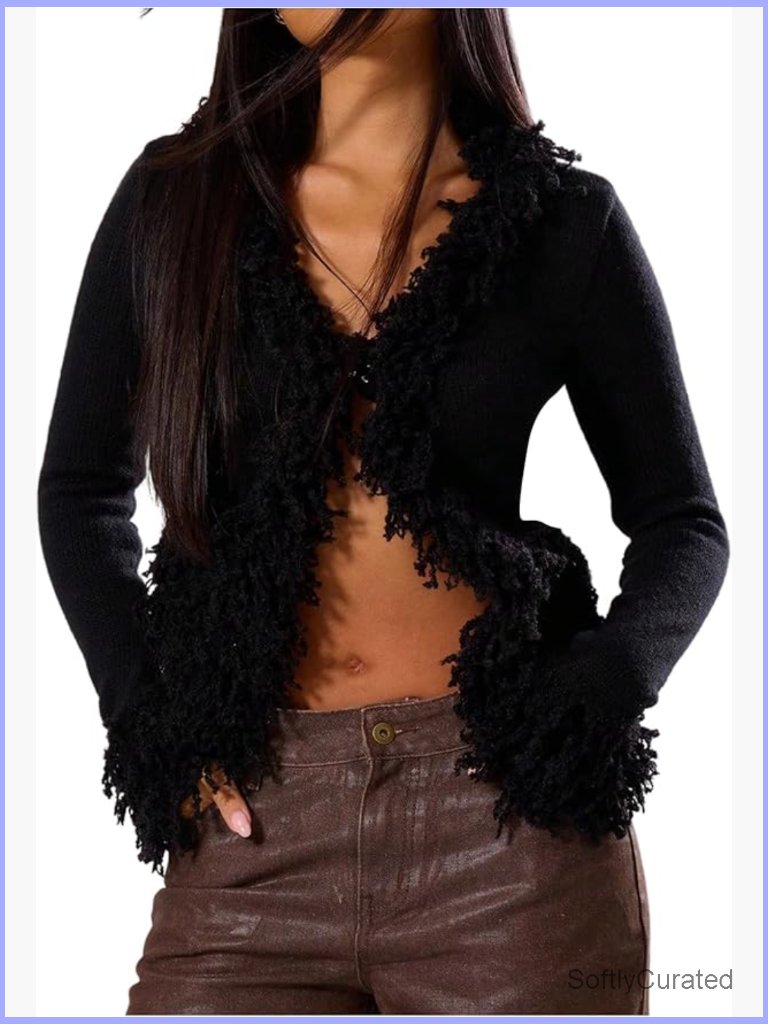 Fuzzy Trim V-Neck Cardigan Sweater Long Sleeve Knit Outerwear